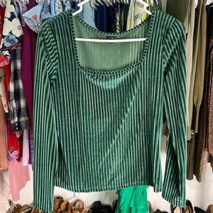 Green Striped Velvet Squared Neck Long Sleeve | Size : M